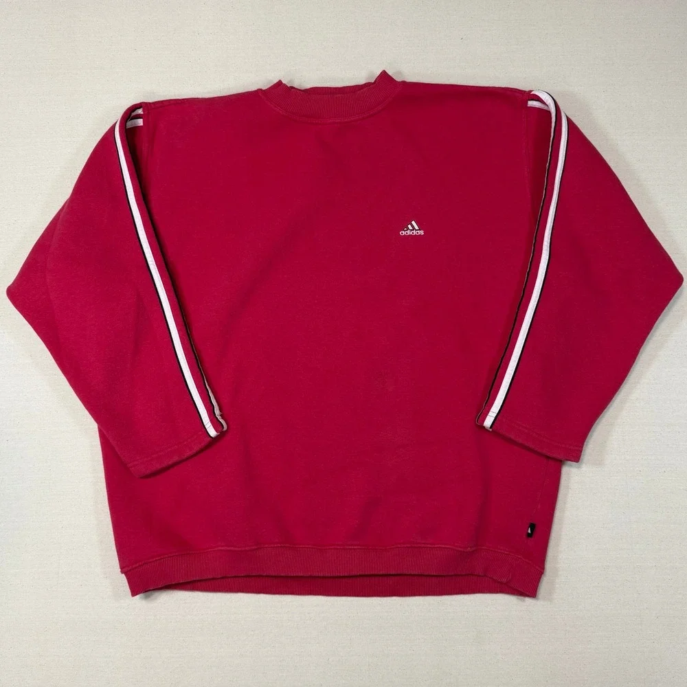 Vintage Adidas Sweatshirt Mens XL Red Pullover Crewneck Stripe Sleeve 90s y2k
